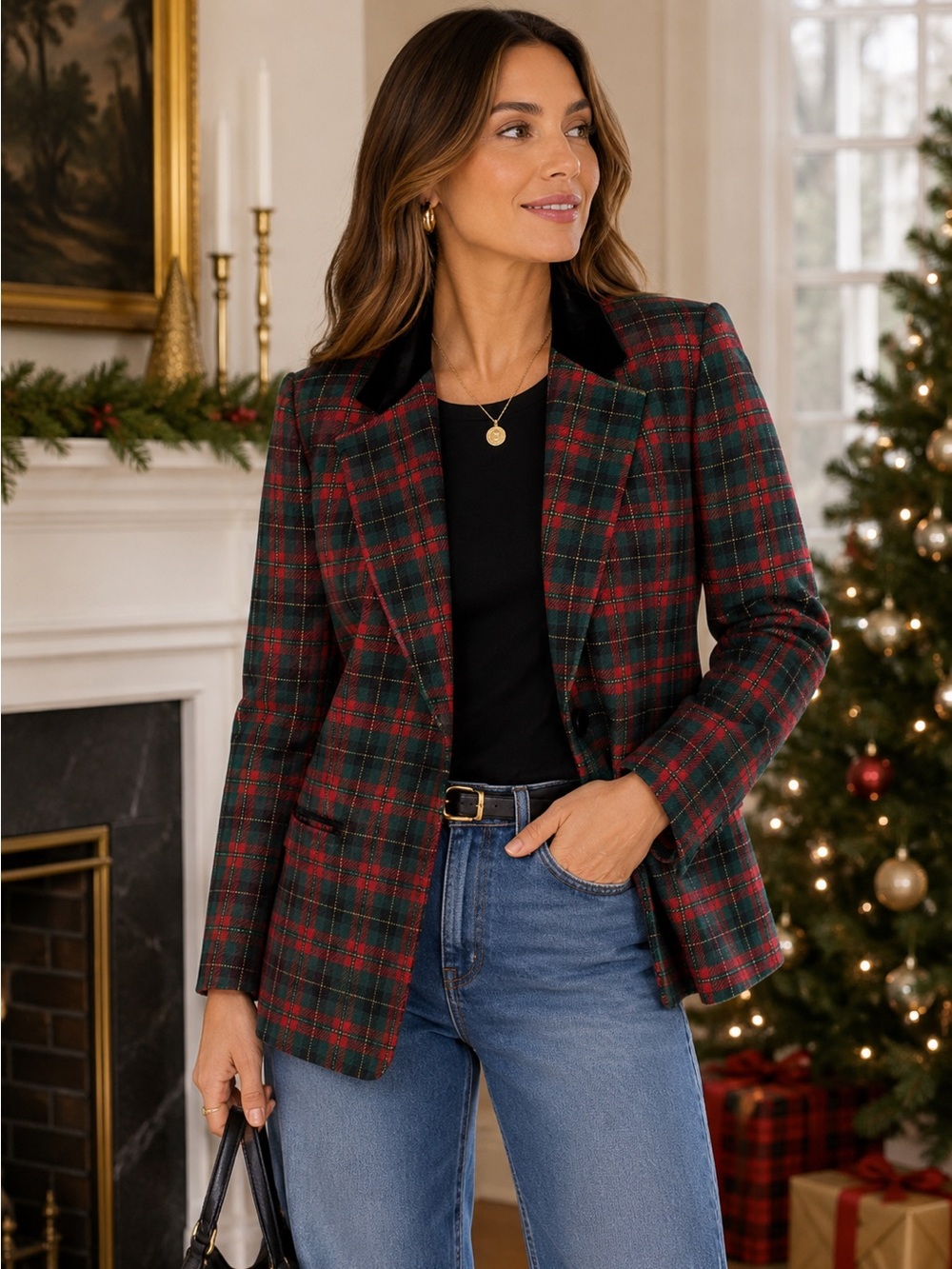Talbots Tartan Blazer 6 Green Red Gold Plaid Black Velvet Collar medium holiday